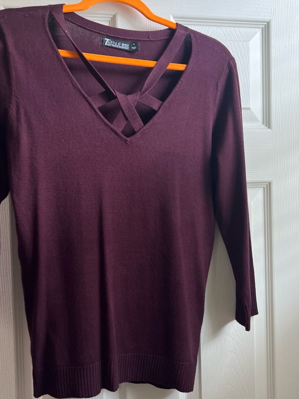 New York & Company Plum Crisscross V-Neck Sleeve to the Elbows Sweaters